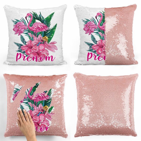 coussin pillow mermaid à sequin magique enfant reversible et personnalisable avec motif flamant rose tropical de couleur saumon