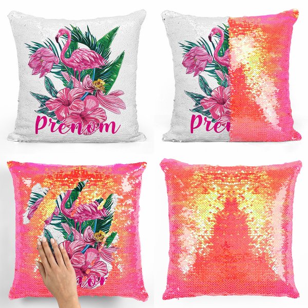 coussin pillow mermaid à sequin magique enfant reversible et personnalisable avec motif flamant rose tropical de couleur orange nacré