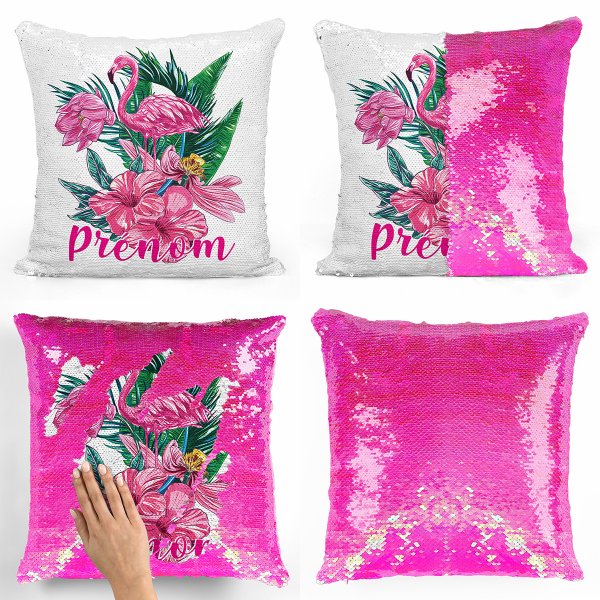 coussin pillow mermaid à sequin magique enfant reversible et personnalisable avec motif flamant rose tropical de couleur rose nacré