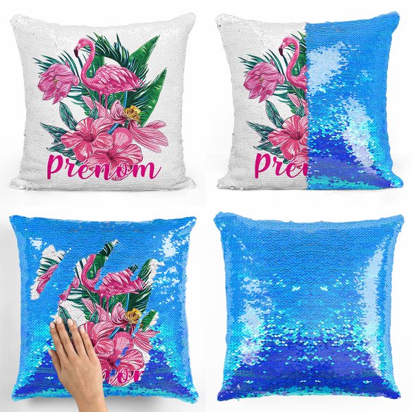 coussin pillow mermaid à sequin magique enfant reversible et personnalisable avec motif flamant rose tropical de couleur bleu nacré