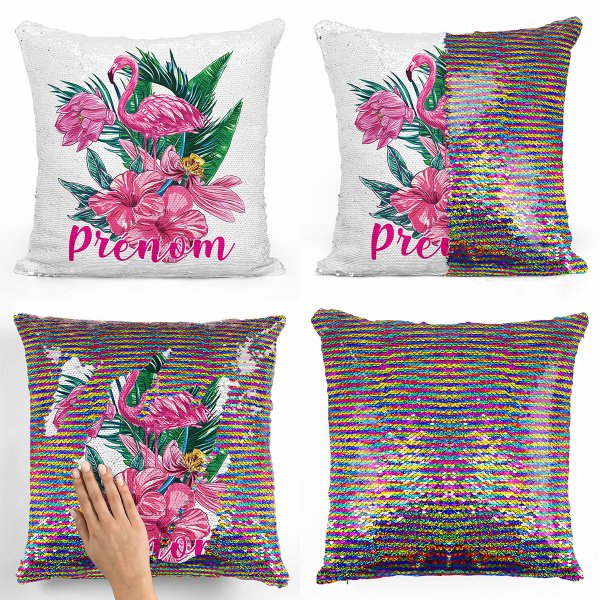 coussin pillow mermaid à sequin magique enfant reversible et personnalisable avec motif flamant rose tropical de couleur multicolore