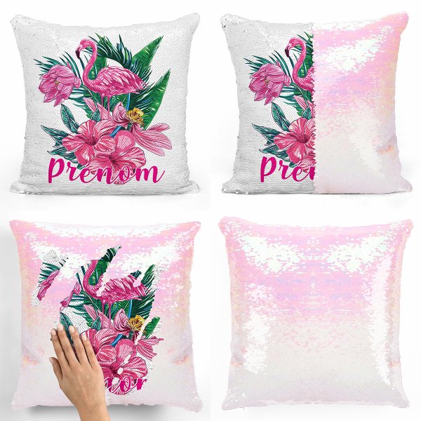 coussin pillow mermaid à sequin magique enfant reversible et personnalisable avec motif flamant rose tropical de couleur blanc nacré