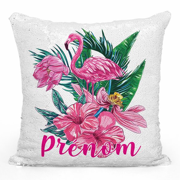 coussin pillow mermaid à sequin magique enfant reversible et personnalisable avec motif flamant rose tropical