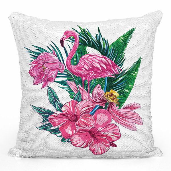 coussin pillow mermaid à sequin magique enfant reversible avec motif flamant rose tropical