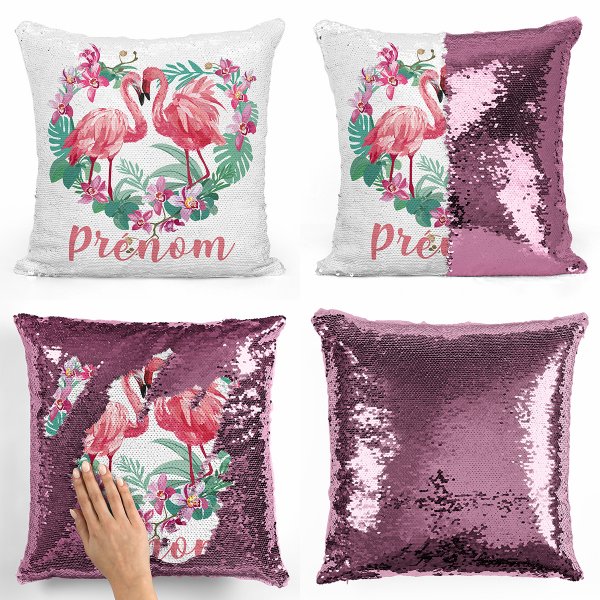 coussin pillow mermaid à sequin magique enfant reversible et personnalisable avec motif flamants roses coeur de couleur rose clair