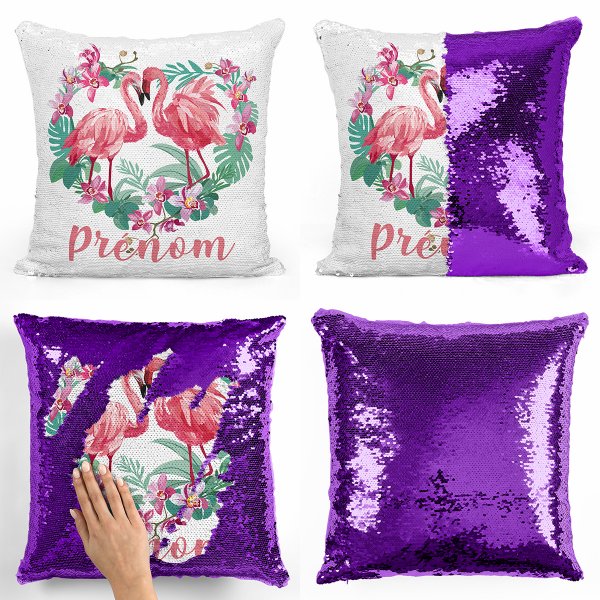 coussin pillow mermaid à sequin magique enfant reversible et personnalisable avec motif flamants roses coeur de couleur violet