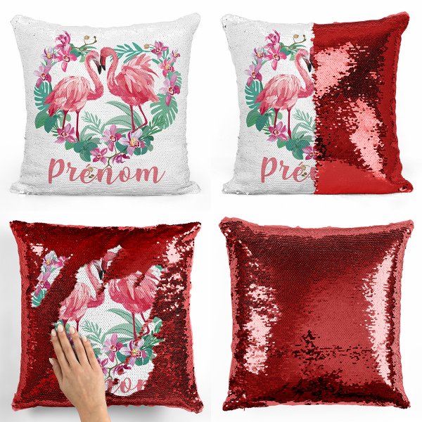 coussin pillow mermaid à sequin magique enfant reversible et personnalisable avec motif flamants roses coeur de couleur rouge