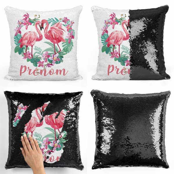 coussin pillow mermaid à sequin magique enfant reversible et personnalisable avec motif flamants roses coeur de couleur noir