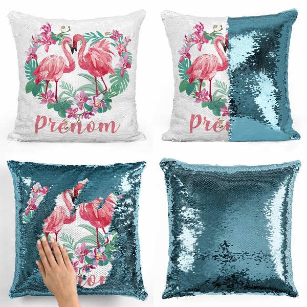 coussin pillow mermaid à sequin magique enfant reversible et personnalisable avec motif flamants roses coeur de couleur bleu clair