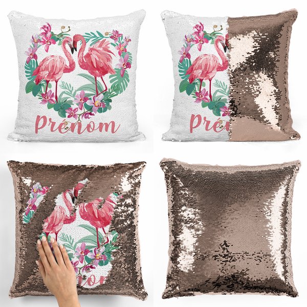 coussin pillow mermaid à sequin magique enfant reversible et personnalisable avec motif flamants roses coeur de couleur champagne