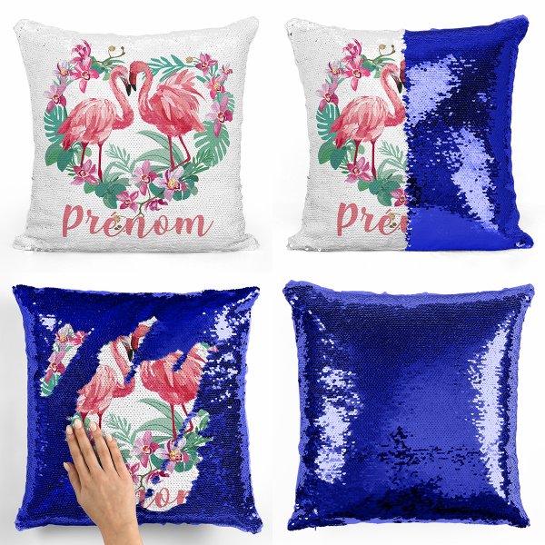 coussin pillow mermaid à sequin magique enfant reversible et personnalisable avec motif flamants roses coeur de couleur bleu foncé