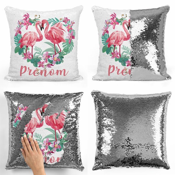 coussin pillow mermaid à sequin magique enfant reversible et personnalisable avec motif flamants roses coeur de couleur argent