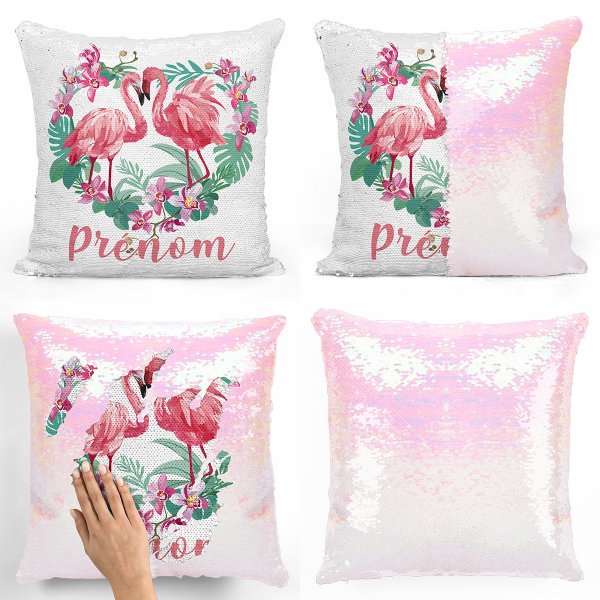 coussin pillow mermaid à sequin magique enfant reversible et personnalisable avec motif flamants roses coeur de couleur blanc nacré