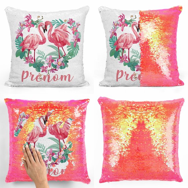 coussin pillow mermaid à sequin magique enfant reversible et personnalisable avec motif flamants roses coeur de couleur orange nacré