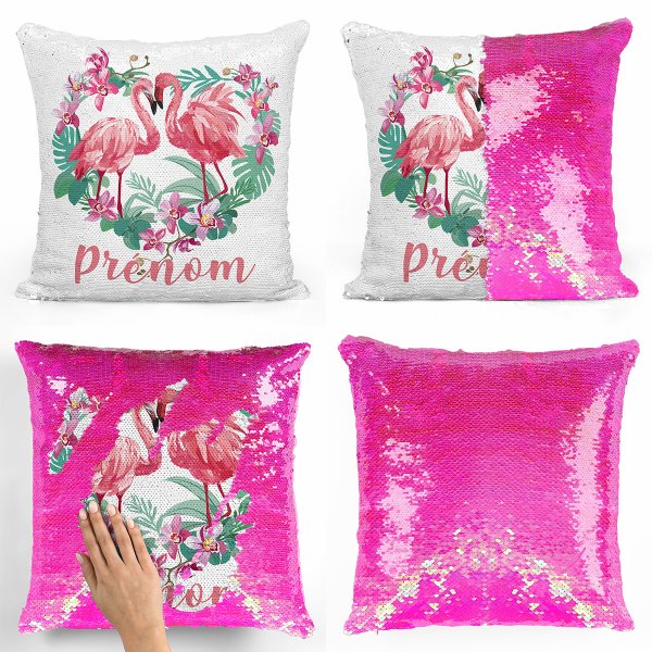 coussin pillow mermaid à sequin magique enfant reversible et personnalisable avec motif flamants roses coeur de couleur rose nacré
