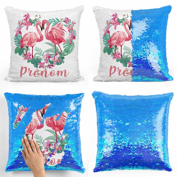 coussin pillow mermaid à sequin magique enfant reversible et personnalisable avec motif flamants roses coeur de couleur bleu nacré