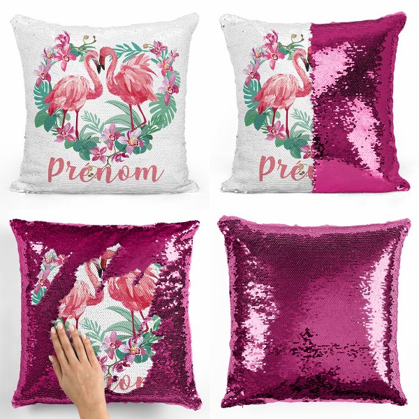 coussin pillow mermaid à sequin magique enfant reversible et personnalisable avec motif flamants roses coeur de couleur flushia