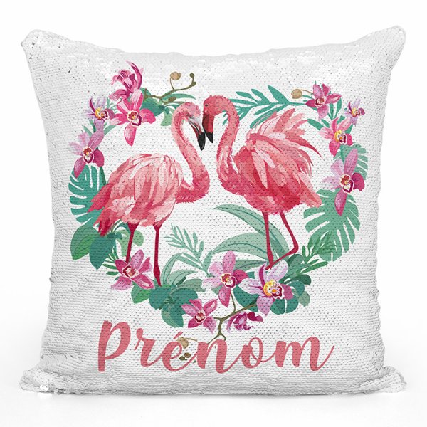 coussin pillow mermaid à sequin magique enfant reversible et personnalisable avec motif flamants roses coeur