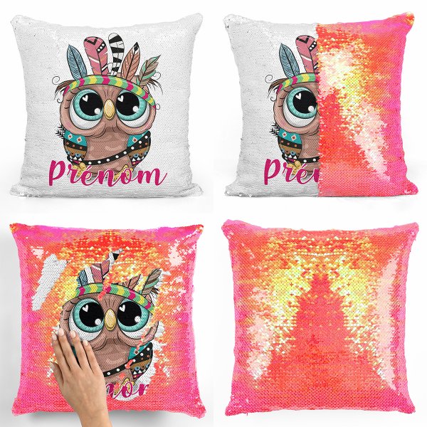 coussin pillow mermaid à sequin magique enfant reversible et personnalisable avec motif hibou indien de couleur orange nacré