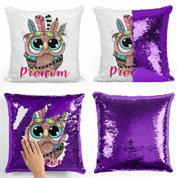 coussin pillow mermaid à sequin magique enfant reversible et personnalisable avec motif hibou indien de couleur violet