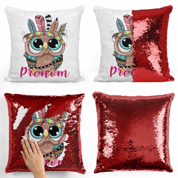 coussin pillow mermaid à sequin magique enfant reversible et personnalisable avec motif hibou indien de couleur rouge