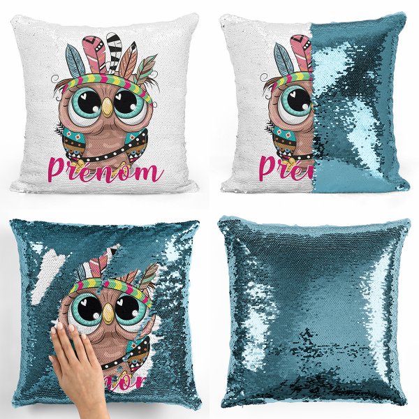 coussin pillow mermaid à sequin magique enfant reversible et personnalisable avec motif hibou indien de couleur bleu clair