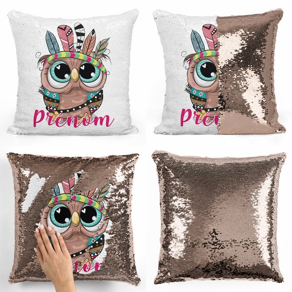 coussin pillow mermaid à sequin magique enfant reversible et personnalisable avec motif hibou indien de couleur champagne