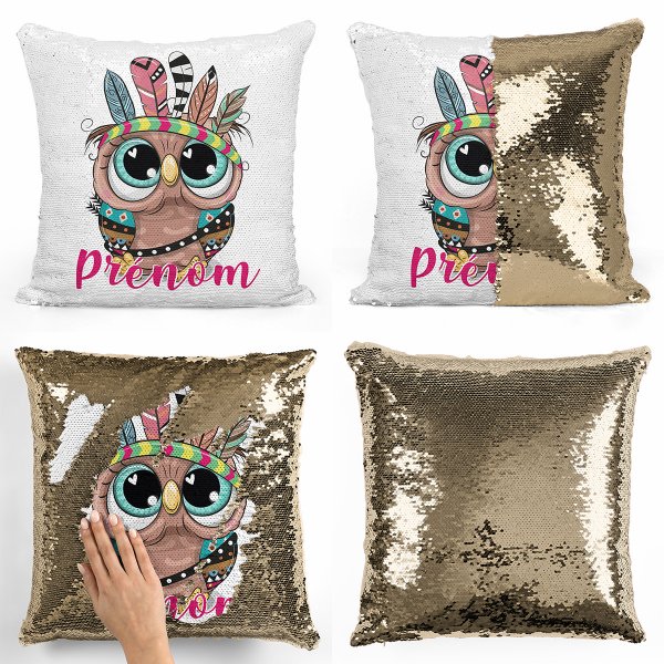 coussin pillow mermaid à sequin magique enfant reversible et personnalisable avec motif hibou indien de couleur or doré