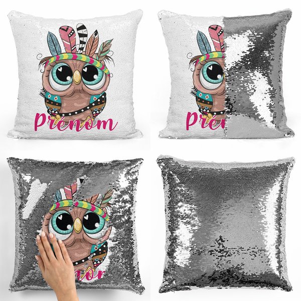 coussin pillow mermaid à sequin magique enfant reversible et personnalisable avec motif hibou indien de couleur argent