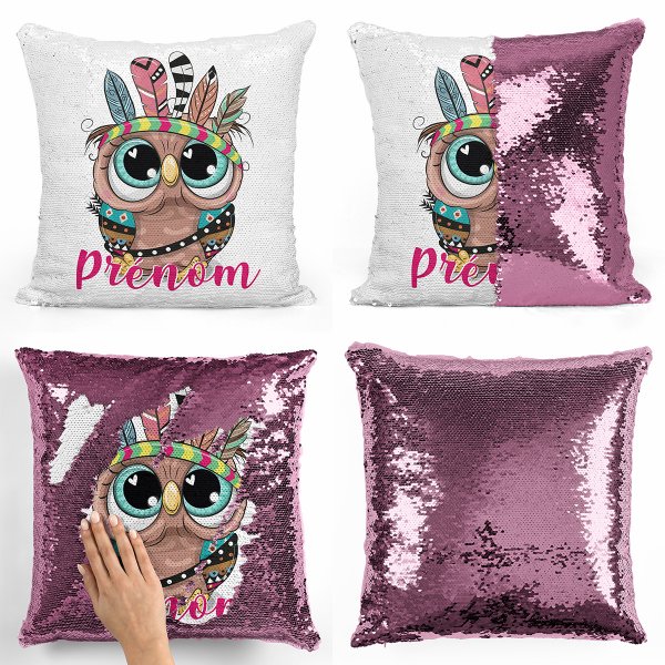 coussin pillow mermaid à sequin magique enfant reversible et personnalisable avec motif hibou indien de couleur rose clair