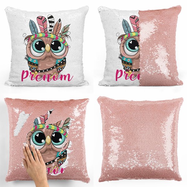 coussin pillow mermaid à sequin magique enfant reversible et personnalisable avec motif hibou indien de couleur saumon