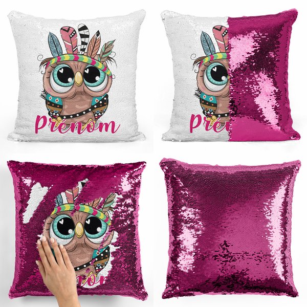 coussin pillow mermaid à sequin magique enfant reversible et personnalisable avec motif hibou indien de couleur fushia