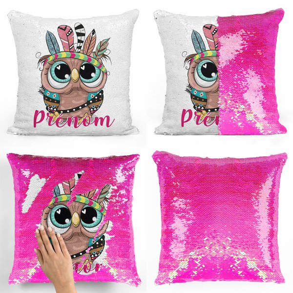 coussin pillow mermaid à sequin magique enfant reversible et personnalisable avec motif hibou indien de couleur rose nacré