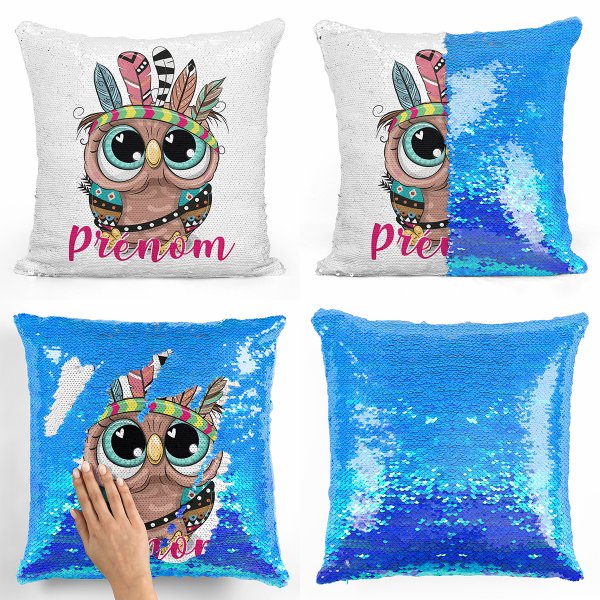 coussin pillow mermaid à sequin magique enfant reversible et personnalisable avec motif hibou indien de couleur bleu nacré