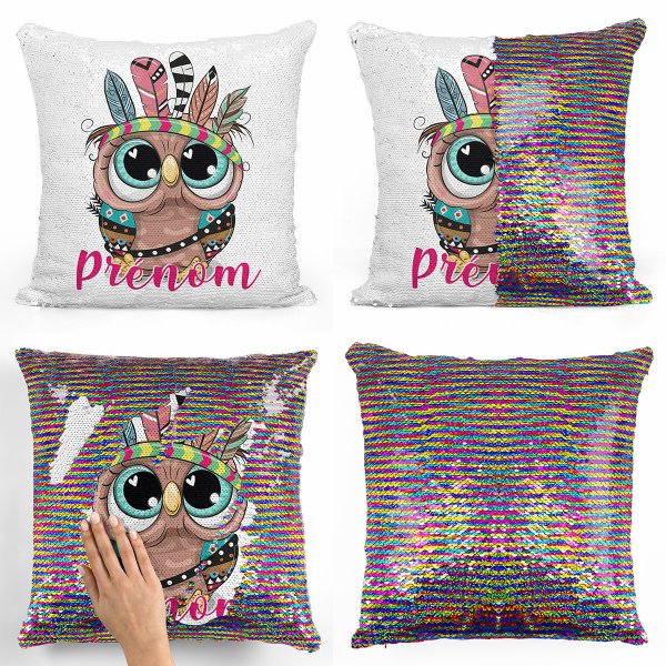 coussin pillow mermaid à sequin magique enfant reversible et personnalisable avec motif hibou indien de couleur multicolore