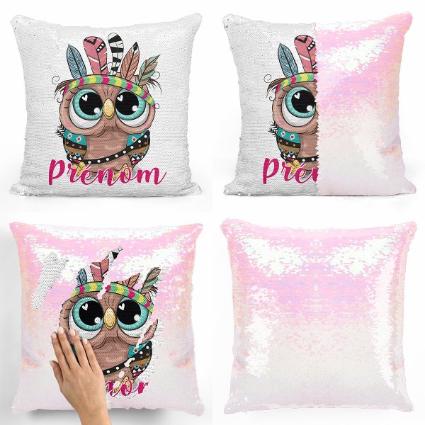 coussin pillow mermaid à sequin magique enfant reversible et personnalisable avec motif hibou indien de couleur blanc nacré