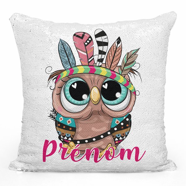 coussin pillow mermaid à sequin magique enfant reversible et personnalisable avec motif hibou indien