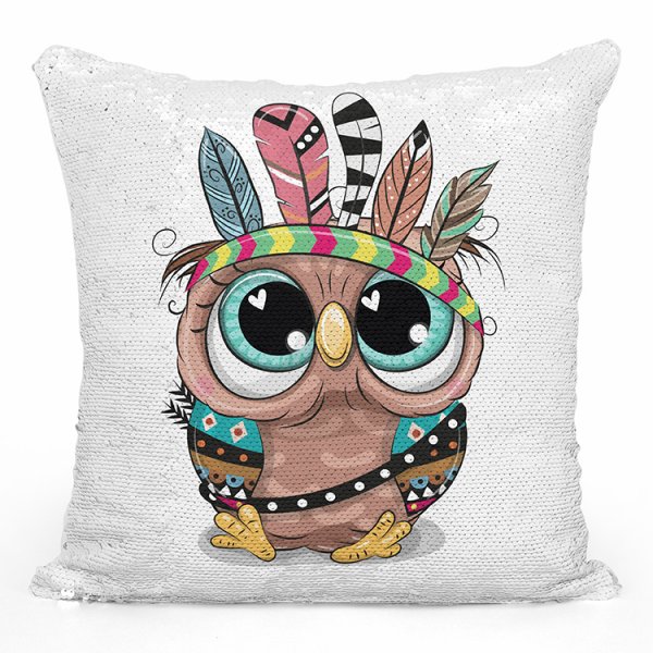 coussin pillow mermaid à sequin magique enfant reversible avec motif hibou indien