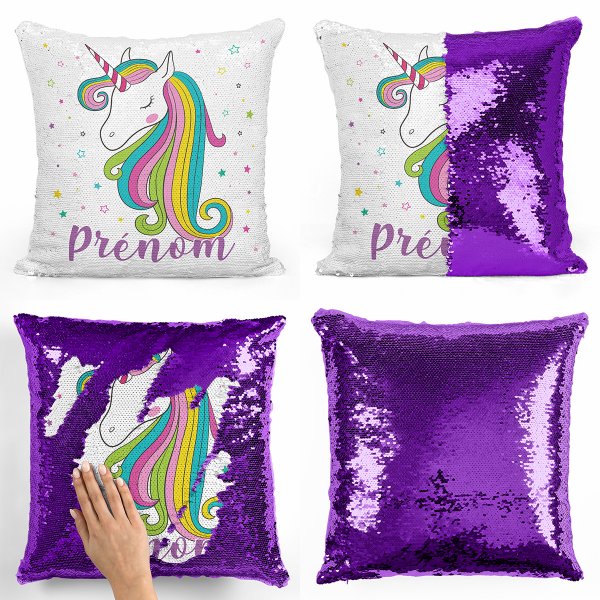 coussin pillow mermaid à sequin magique enfant reversible et personnalisable avec motif licorne étoiles de couleur violet
