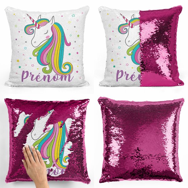 coussin pillow mermaid à sequin magique enfant reversible et personnalisable avec motif licorne étoiles de couleur fushia