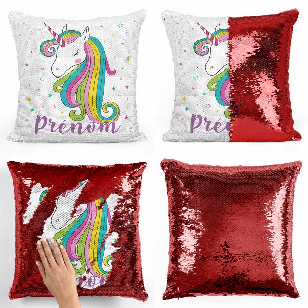 coussin pillow mermaid à sequin magique enfant reversible et personnalisable avec motif licorne étoiles de couleur rouge
