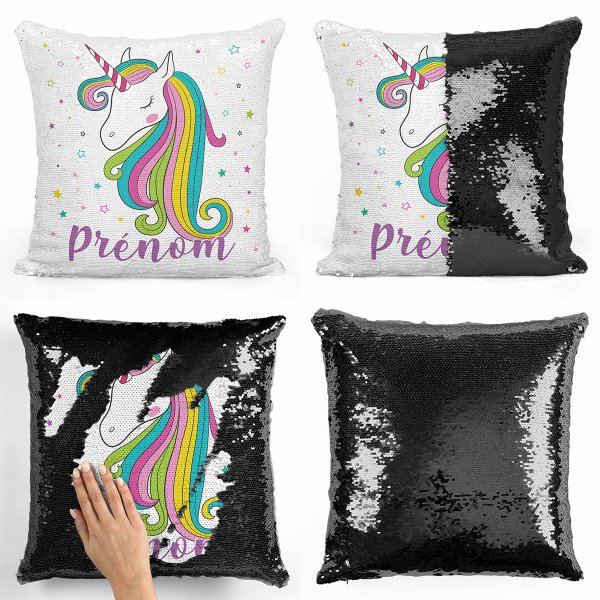 coussin pillow mermaid à sequin magique enfant reversible et personnalisable avec motif licorne étoiles de couleur noir