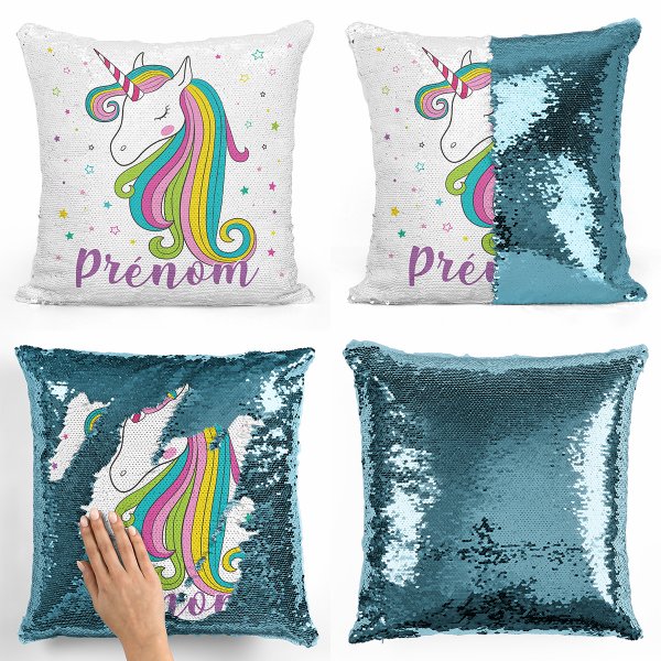 coussin pillow mermaid à sequin magique enfant reversible et personnalisable avec motif licorne étoiles de couleur bleu clair