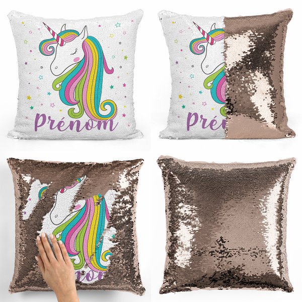 coussin pillow mermaid à sequin magique enfant reversible et personnalisable avec motif licorne étoiles de couleur champagne