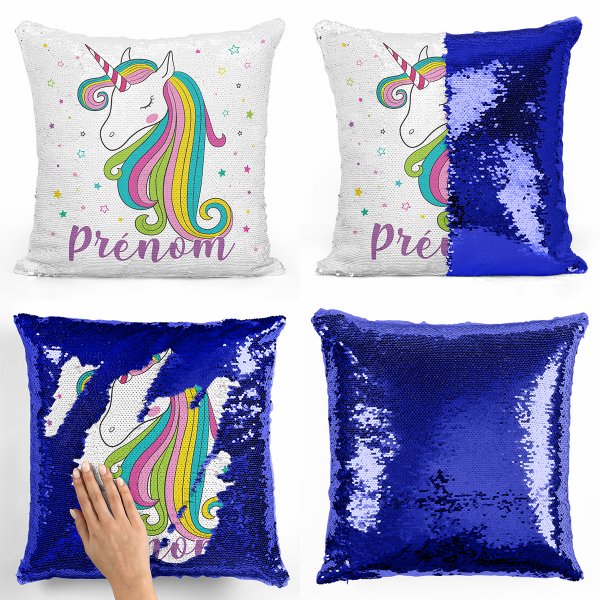 coussin pillow mermaid à sequin magique enfant reversible et personnalisable avec motif licorne étoiles de couleur bleu foncé