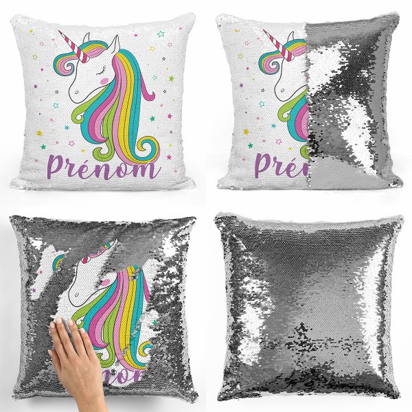 coussin pillow mermaid à sequin magique enfant reversible et personnalisable avec motif licorne étoiles de couleur argent