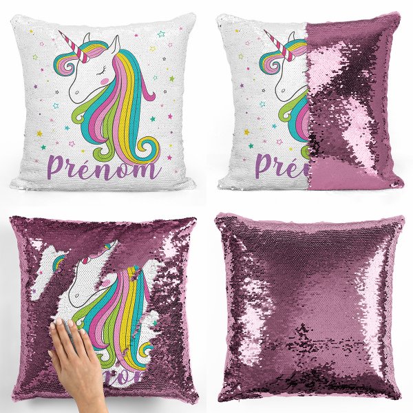 coussin pillow mermaid à sequin magique enfant reversible et personnalisable avec motif licorne étoiles de couleur rose clair