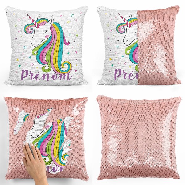 coussin pillow mermaid à sequin magique enfant reversible et personnalisable avec motif licorne étoiles de couleur saumon