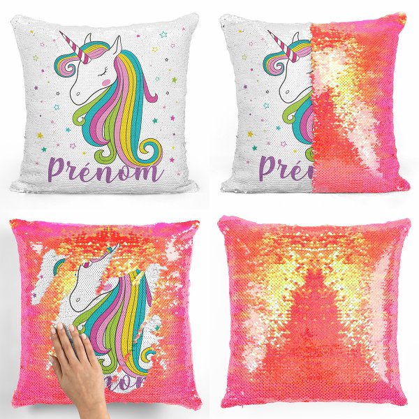 coussin pillow mermaid à sequin magique enfant reversible et personnalisable avec motif licorne étoiles de couleur orange nacré