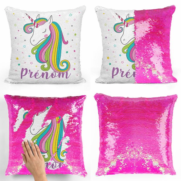 coussin pillow mermaid à sequin magique enfant reversible et personnalisable avec motif licorne étoiles de couleur rose nacré